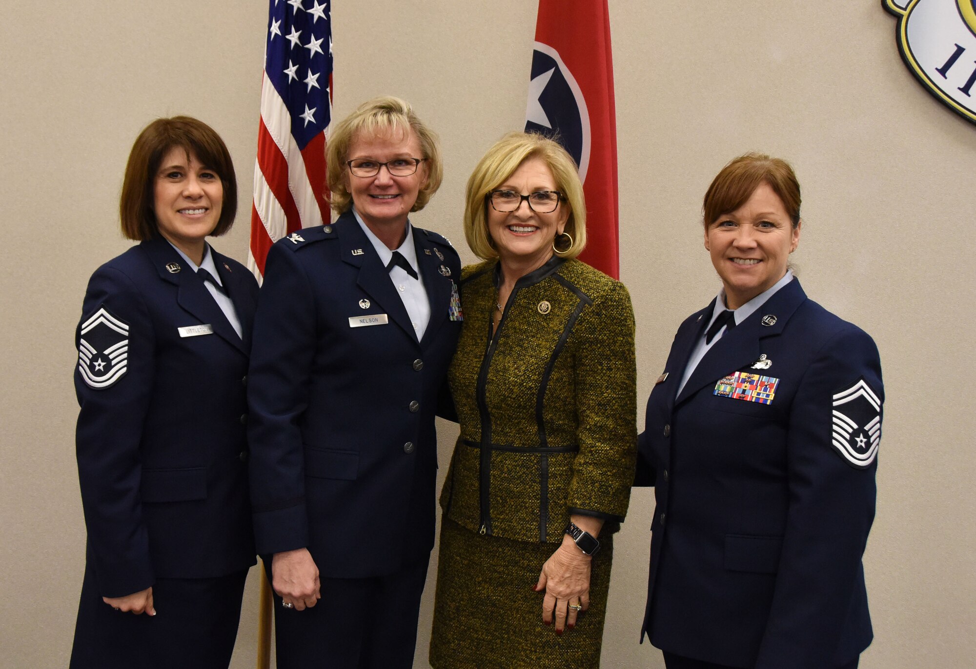 Former U.S. Rep. Diane Black, center, poses with senior female leaders in the 118th Wing March 9, 2019 at Berry Field Air National Guard Base, Nashville, Tennessee.