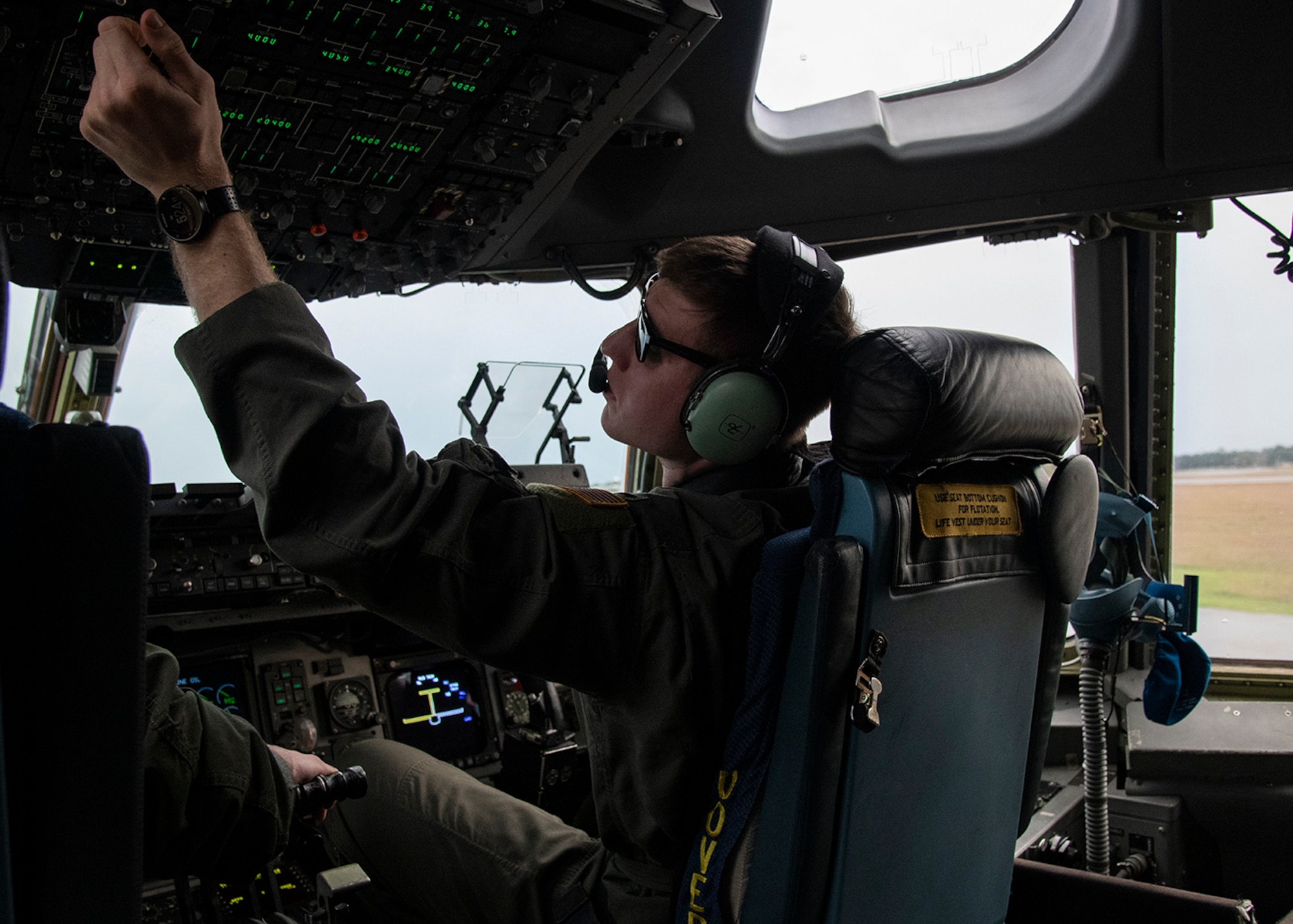 1st Lt. Marcus Malecek, a C-17 Globemaster III pilot, prepares for takeoff March 3, 2019, from Dover Air Force Base, Del., as a part of Exercise Jersey Devil 19. The exercise is intended to ensure Airmen are ready to respond to complex threats in any environment both now and in the future. (U.S. Air Force photo by Airman 1st Class Zoe M. Wockenfuss)