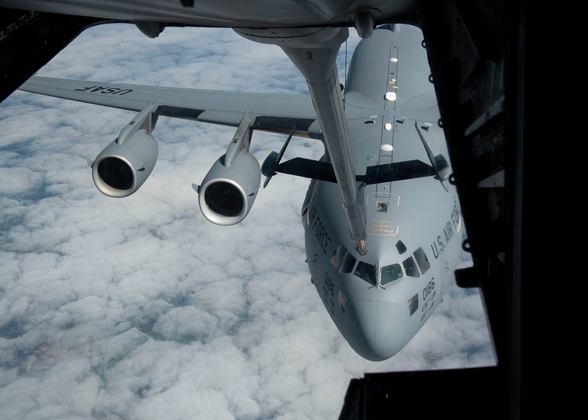 A C-17 Globemaster III from the 436th Airlift Squadron, Dover Air Force Base, Del., prepares to receive fuel from a KC-10 Extender from the 305th Air Mobility Wing, Joint Base McGuire-Dix-Lakehurst, N.J., March 7, 2019, during Exercise Jersey Devil 19. Aircraft from Dover AFB and Joint Base MDL participated in the exercise to include the C-5M Supergalaxy, KC-10 Extender and C-17 Globemaster III. (U.S. Air Force photo by Airman 1st Class Zoe M. Wockenfuss)