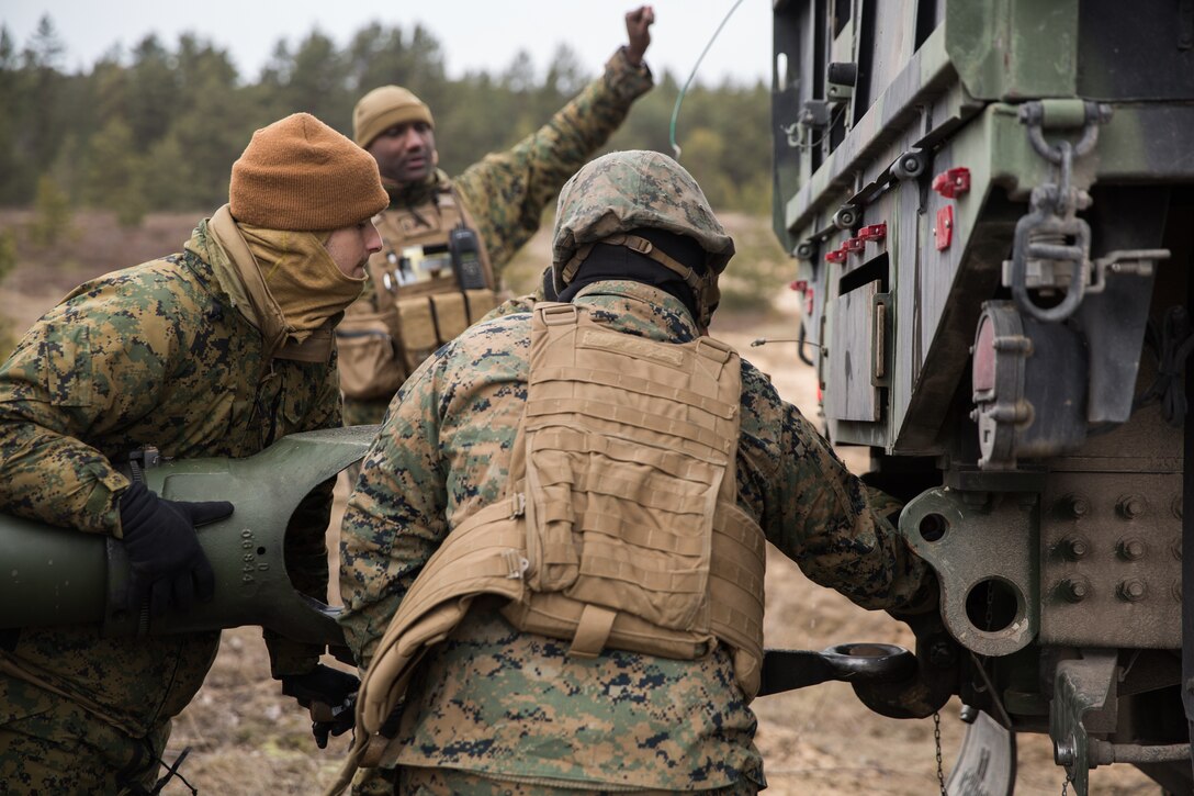 U.S. Marines with Hotel Battery, 3rd Battalion, 14th Marine Regiment, 4th Marine Division, hook an M777 howitzer to a truck at Adazi Training Area, Latvia, March 7, 2019, in support of exercise Dynamic Front 19.