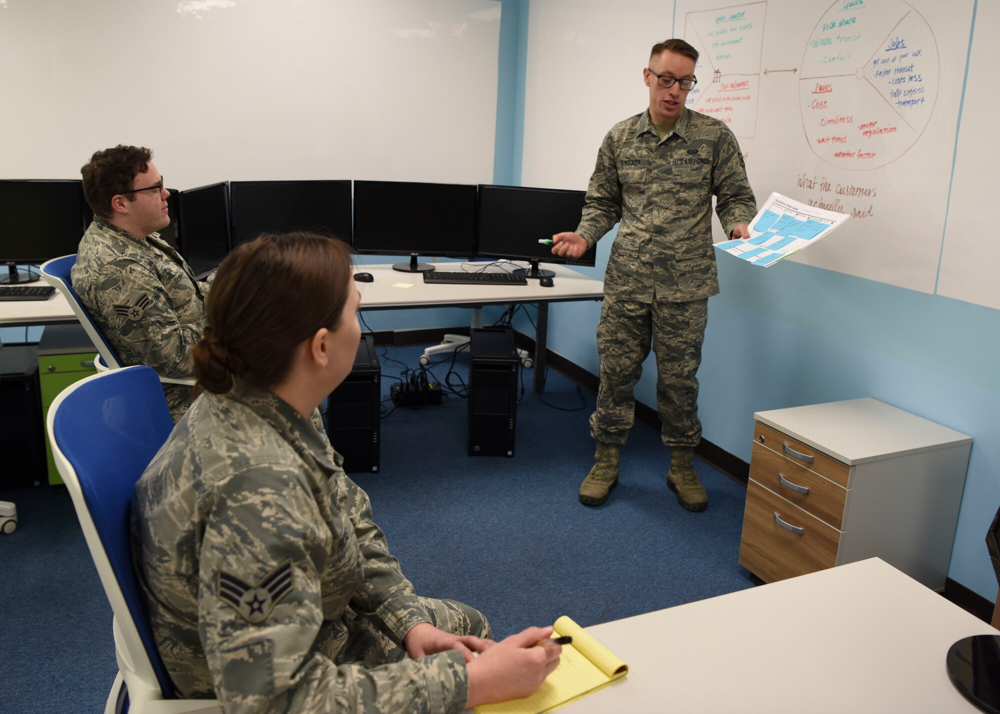 Senior Airman Andrew Democker, a Korean linguist assigned to the 303rd Intelligence Squadron, shares innovative ideas with his peers as part of the Skivvy Nine Internship Program at Osan Air Base, Republic of Korea, Feb. 11, 2019. The program sends analysts to various offices throughout the 694th Intelligence, Surveillance, and Reconnaissance Group in order to increase an Airmen’s cross-functional knowledge, expand mission capabilities, and cultivate problem-solving skills. (U.S. Air Force photo by Ilyana A. Escalona)