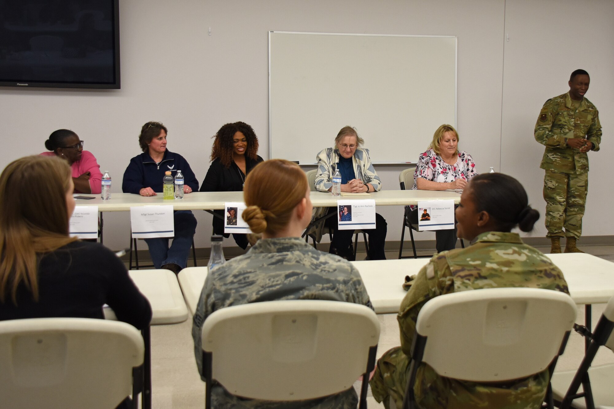 U.S. Air Force Chief Master Sgt. Lavor Kirkpatrick, 17th Training Wing command chief, opens the Service Through the Decades panel in honor of Women’s History Month at the Taylor Chapel on Goodfellow Air Force Base, Texas, March 8, 2019. The panel consisted of five women who served in various branches of service from the 1970s until early 2000s. (U.S. Air Force photo by Senior Airman Seraiah Hines/Released)