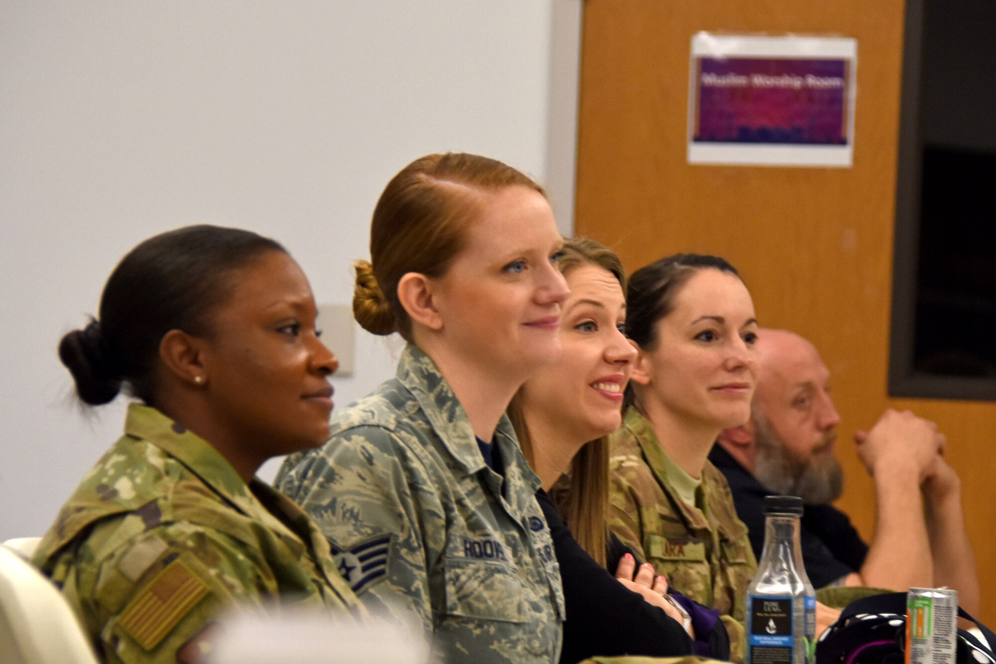 Goodfellow members listen to panel members of the Service Through the Decades panel held in honor of Women’s History Month at the Taylor Chapel on Goodfellow Air Force Base, Texas, March 8, 2019. Attendees could ask questions and listen to the women share their different experiences and how the military has changes through the years. (U.S. Air Force photo by Senior Airman Seraiah Hines/Released)