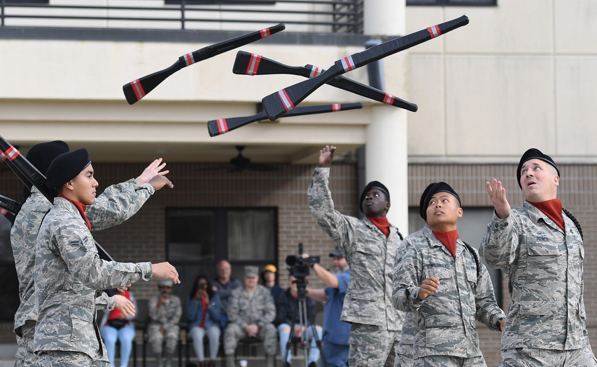 Members of the 335th Training Squadron freestyle drill team perform during the 81st Training Group drill down on the Levitow Training Support Facility drill pad at Keesler Air Force Base, Mississippi, March 8, 2019. Airmen from the 81st TRG competed in a quarterly open ranks inspection, regulation drill routine and freestyle drill routine. Keesler trains more than 30,000 students each year. While in training, Airmen are given the opportunity to volunteer to learn and execute drill down routines. (U.S. Air Force photo by Kemberly Groue)