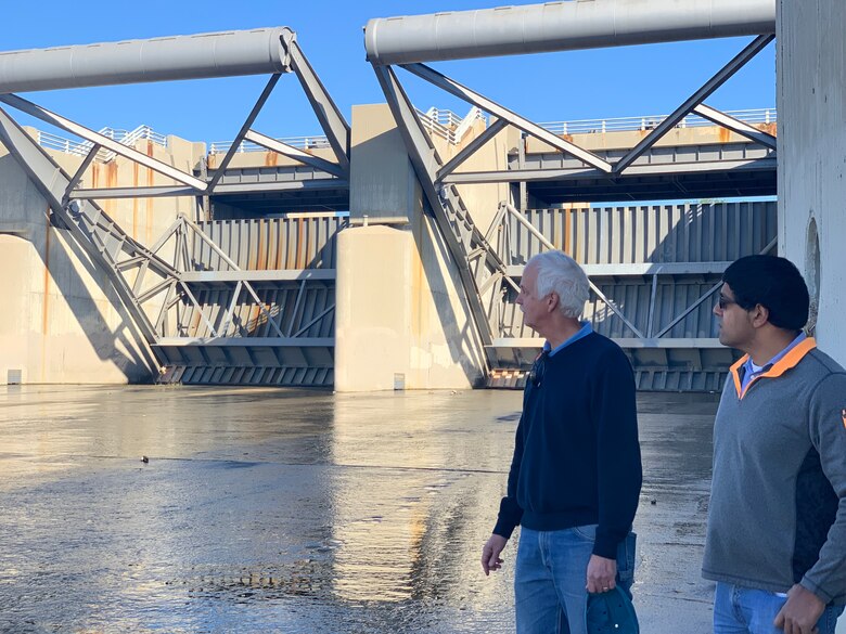 U.S. Army Corps of Engineers Los Angeles District Whittier Narrows Dam Lead Project Engineer Doug Chitwood and Whittier Narrows Dam Project Manager George Sunny conduct a site visit and inspect spillway gates at Whittier Narrows Dam in Pico Rivera, California, on Jan. 7.