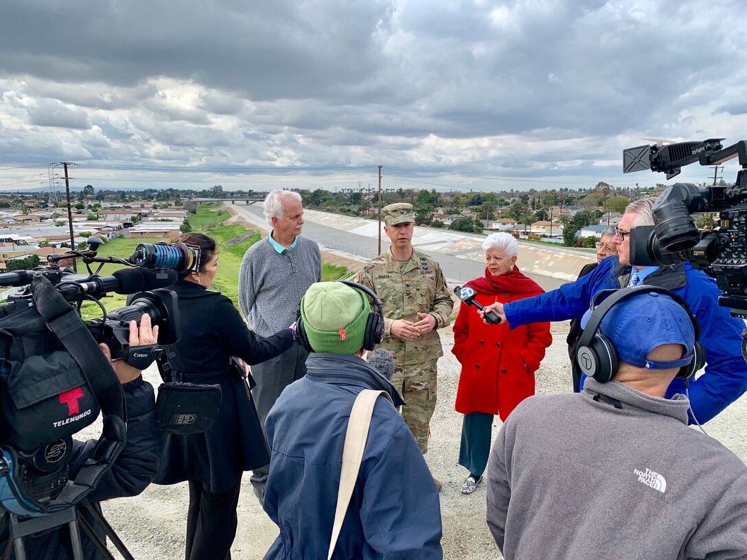 U.S. Army Corps of Engineers Los Angeles District Commander Col. Aaron Barta conducted a media engagement with local news organizations about the Whittier Narrows Dam Safety Modification Study on Feb. 20. The modification study highlights the key recommendations for modifying the dam, courses of action and different potential flood scenarios.