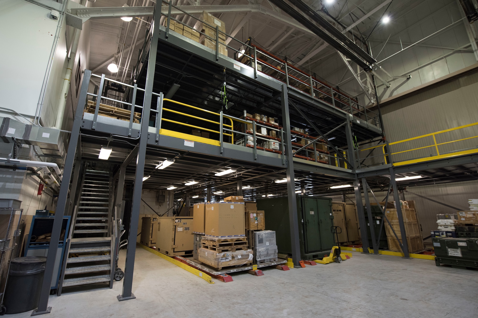 A newly constructed three-story vertical parts storage system is installed in the newly remodeled 24/7 aircraft parts store March 8, 2019, at Joint Base Elmendorf-Richardson, Alaska. In one of the newest total force integration associations of its kind, the 673d LRS Materiel Management flight is conducting a complete C-17 aircraft supply turnover to the 176th LRS. A remodel of both a warehouse and a newly renovated 24/7 aircraft parts store was conducted to take on the massive amount of inventory.