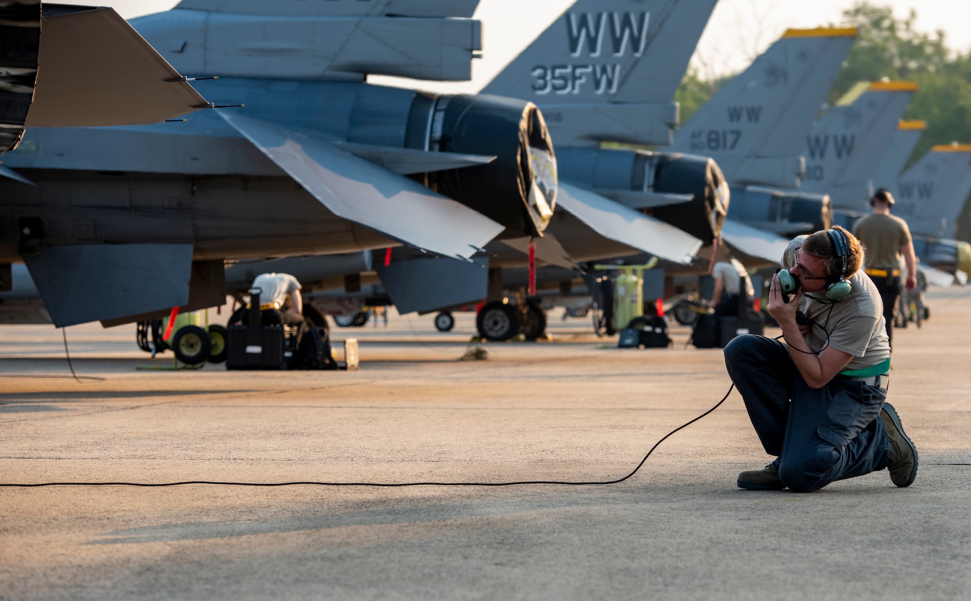 U. S. Air Force Airman 1st Class Kalle Hougaard, 35th Aircraft Maintenance Squadron crew chief performs a pre-flight inspection during COPE Tiger 2019 at Korat Royal Thai Air Force Base, Thailand, March 11, 2019.