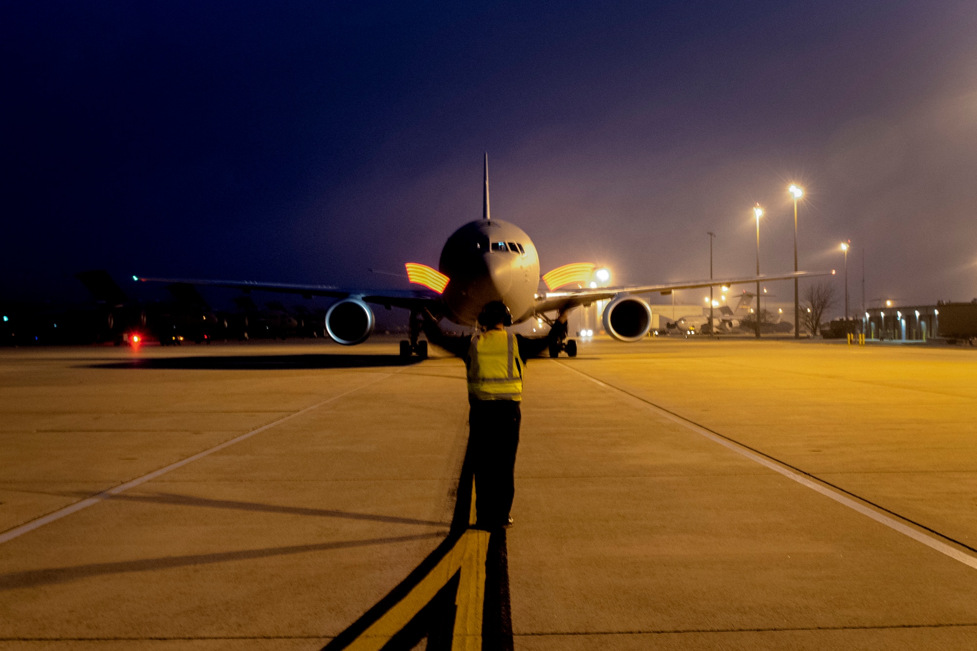 A KC-46 Pegasus lands on the flightline of the 97th Air Mobility Wing, March 11, 2019.