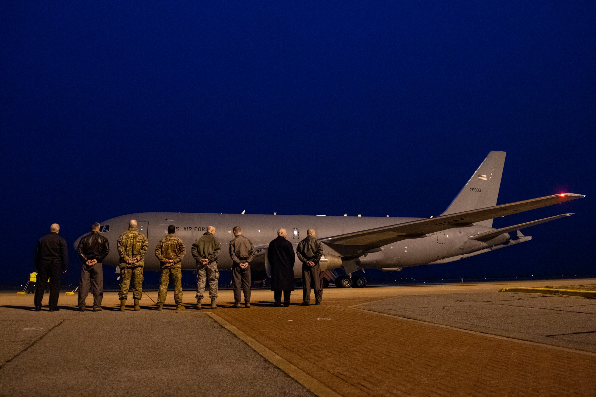 ALTUS AIR FORCE BASE, Okla. - U.S. Air Force Col. Eric Carney 97th Air Mobility Wing commander, and fellow members of Wing leadership, wait to greet various distinguished visitors on the flightline at Altus Air Force Base, Okla., March 11, 2019.