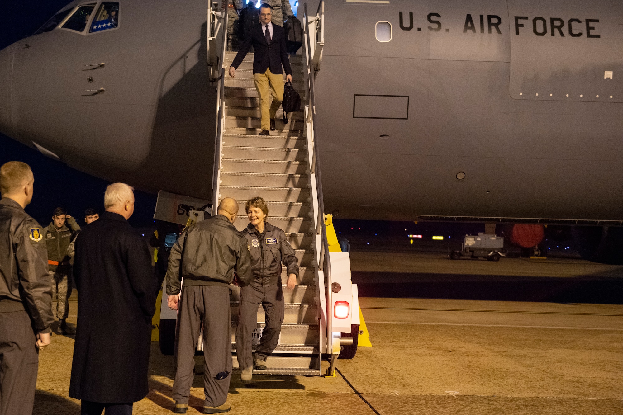 ALTUS AIR FORCE BASE, Okla. - U.S. Air Force Gen. Maryanne Miller, commander of Air Mobility Command, is greeted by Col. Eric Carney 97th Air Mobility Wing commander, March 11, 2019 at Altus Air Force Base, Okla.