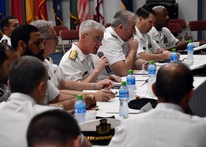 NAVAL SUPPORT ACTIVITY BAHRAIN (March 7, 2019) Vice Adm. Jim Malloy, commander, U.S. Naval Forces Central Command, U.S. 5th Fleet, Combined Maritime Forces (CMF), gives opening remarks at the CMF Maritime Security Conference onboard Naval Support Activity Bahrain. The conference brought together senior military leaders from more than 30 nations to discuss maritime strategy, counter-piracy and emerging threats in the U.S. 5th Fleet area of operations. (U.S. Navy photo by Mass Communication Specialist 1st Class Bryan Neal Blair/Released)
