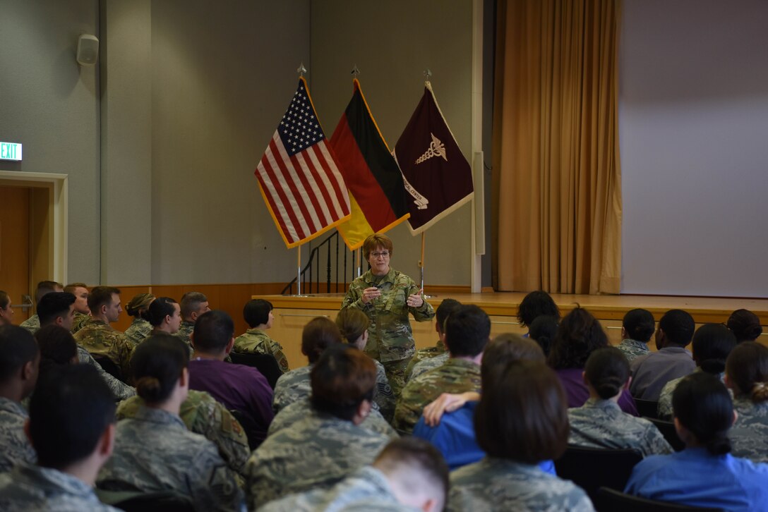 U.S. Air Force Lt. Gen. Dorothy Hogg, Air Force surgeon general, speaks at an all-call to members of the 86th Medical Group at Landstuhl Regional Medical Center, Germany, March, 4, 2019. At the all-call Hogg spoke about upcoming innovations that would help the 86th MDG be more resilient and effective.
