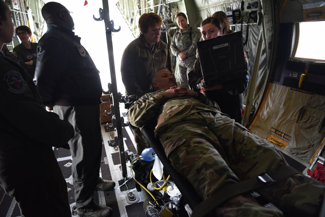 U.S. Air Force Chief Master Sgt. G. Steve Cum, chief medical enlisted force and enlisted corps chief, pretends to be a patient for the 86th Aeromedical Evacuation Squadron during a demonstration on Ramstein Air Base, Germany, March, 5, 2019. The 86th AES supports the global Combatant Command operations and initiatives by providing full spectrum 24/7, aeromedical evacuation capabilities year-round.