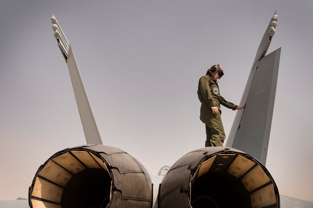 U.S. Navy Airman Madison Arthur, Electronic Attack Squadron 135 (VAQ-135) “Black Ravens” aviation structural mechanic, examines an EA-18G Growler as part of a pre-launch inspection March 7, 2019, at Al Udeid Air Base, Qatar. VAQ-135 is deployed to the U.S. 5th Fleet area of operations in support of naval operations to ensure maritime stability and security in the Central Region, connecting the Mediterranean and the Pacific through the western Indian Ocean and three strategic choke points. Through the use of EA-18G Growler aircraft, VAQ-135 brings electronic based airborne attack and defense capabilities to Al Udeid’s joint environment by detecting, identifying, locating, and suppressing hostile “emitters.” (U.S. Air Force photo by Tech. Sgt. Christopher Hubenthal)