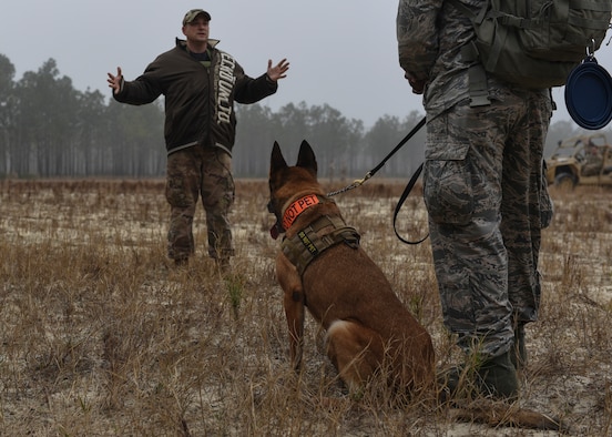 Security Forces Airman walks K-9 across sand/car in background