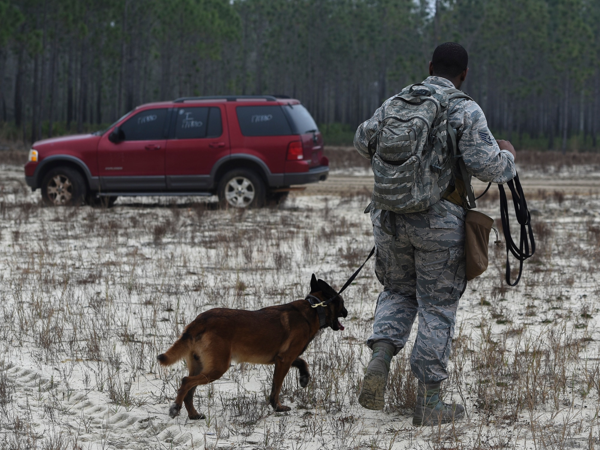 Security Forces Airman walks K-9 across sand/car in background