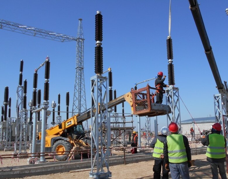 Installation of post insulators at Shaheen substation in progress.