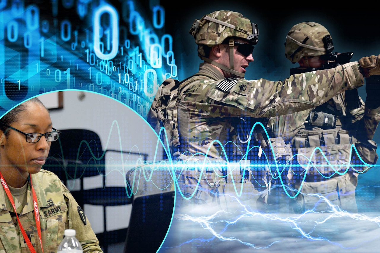 Cyber sine waves and soldier background