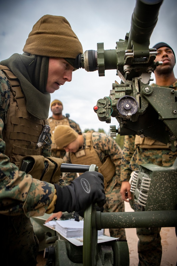 Marines with Hotel Battery, 3rd Battalion, 14th Marine Regiment, 4th Marine Division conduct inspections on a M777 howitzer in support of exercise Dynamic Front 19 at Adazi Training Area, Latvia, Feb. 27, 2019. Approximately 3,200 participants from 27 nations will take part in the live-fire portion of exercise Dynamic Front 19, March 2-9, 2019, at the U.S.Army's Grafenwoehr Training Area, Germany; as well as in Riga, Latvia; and Torun, Poland. (U.S. Marine Corps photo by Sgt. Andy O. Martinez)