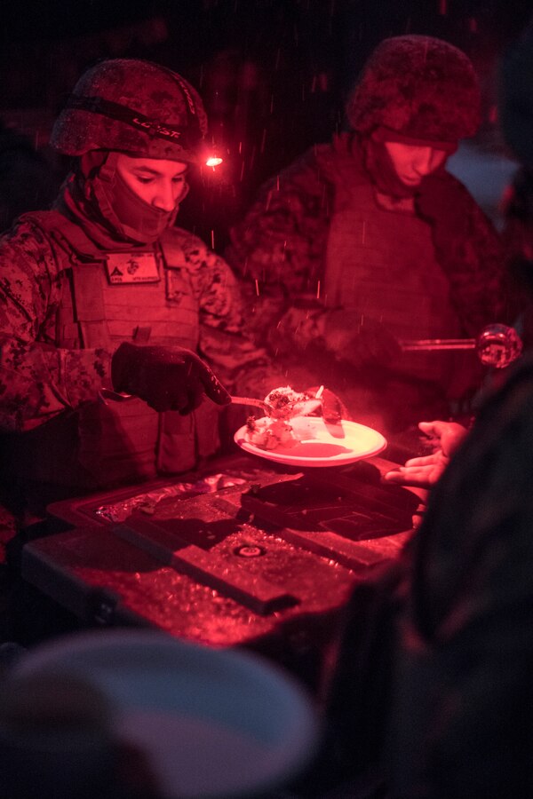 Mess Marines with Headquarters Battery, 14th Marine Regiment, 4th Marine Division, serves a hot meal at a motor pool in Adazi Training Area, Latvia, Feb. 26, 2019, during exercise Dynamic Front 19. Exercise Dynamic Front 19 includes approximately 3,200 service members from 27 nations who are observing or participating from Grafenwoehr Training Area, Germany; Riga, Latvia; and Torun, Poland; during March 2-9, 2019. Dynamic Front is an annual U.S. Army Europe exercise focused on the readiness and interoperability of U.S. Army, joint service, and allied and partner nations’ artillery and fire support working together in a multinational environment. (U.S. Marine Corps photo by Cpl. Niles Lee)