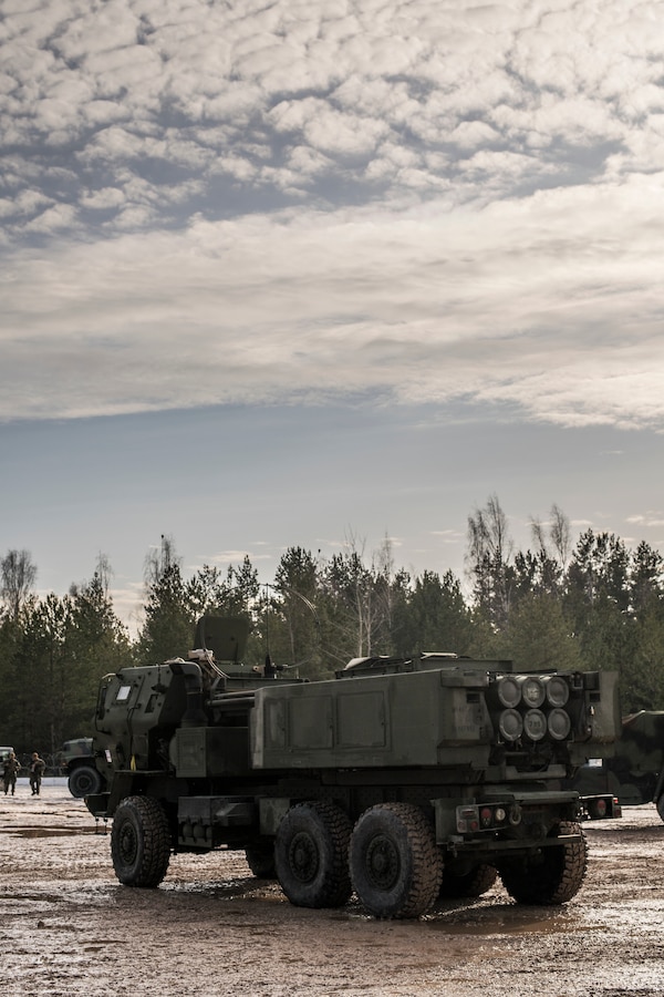 A M142 High Mobility Artillery Rocket System stands at a motor pool at Adazi Training Area, Latvia, Feb. 27, 2019, during exercise Dynamic Front 19. Exercise Dynamic Front 19 includes approximately 3,200 service members from 27 nations who are observing or participating from Grafenwoehr Training Area, Germany; Riga, Latvia; and Torun, Poland; during March 2-9, 2019. Dynamic Front is an annual U.S. Army Europe exercise focused on the readiness and interoperability of U.S. Army, joint service, and allied and partner nations’ artillery and fire support working together in a multinational environment. (U.S. Marine Corps photo by Cpl. Niles Lee)