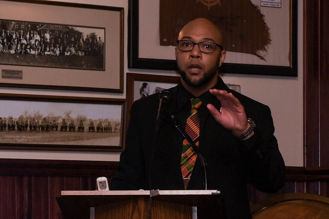 Isaac Hampton, Fort Lee quartermaster historian, discusses African American history during the Vietnam War at the brown bag lunch series at the U.S. Army Transportation Museum at Joint Base Langley-Eustis, Virginia, Feb. 13, 2019. The lunch series will follow monthly observances and March’s topic will explore how the U.S. Army culture has shifted through time from the hidden warriors of the Revolutionary and Civil War to today’s female frontline troops. (U.S. Air Force photo by Senior Airman Derek Seifert)