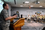 Air Force Brig. Gen. Steven Chisolm, a chaplain and director of the Office of the Joint Chaplain at the National Guard Bureau, addresses chaplains and chaplain’s assistants from throughout the National Guard during a conference at the Herbert R. Temple Jr. Army National Guard Readiness Center Arlington Hall Station in Arlington, Virginia. During the 2018 conference, chaplains focused on ways to build greater resiliency in Guard members, suicide prevention measures and ways chaplains can build support among each other.