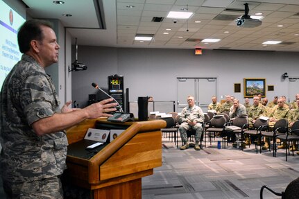 Air Force Brig. Gen. Steven Chisolm, a chaplain and director of the Office of the Joint Chaplain at the National Guard Bureau, addresses chaplains and chaplain’s assistants from throughout the National Guard during a conference at the Herbert R. Temple Jr. Army National Guard Readiness Center Arlington Hall Station in Arlington, Virginia. During the 2018 conference, chaplains focused on ways to build greater resiliency in Guard members, suicide prevention measures and ways chaplains can build support among each other.