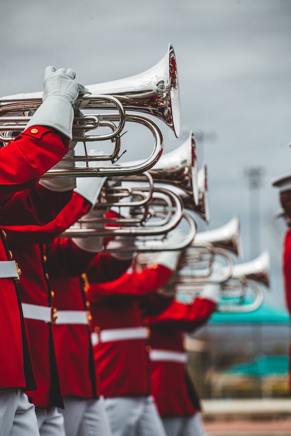 U.S. Marines with "The Commandant's Own", The United States Marine Drum & Bugle Corps, Battle Colors Detachment, Marine Barracks Washington, D.C., perform during the Battle Colors ceremony at the Marine Corps Air Ground Combat Center, Twentynine Palms, Calif., Mar. 11, 2019. The ceremony is held to honor Marine Corps traditions through the Drum Corps, the Silent Drill Platoon and the Battle Colors Detachment. (U.S. Marine Corps photo by Lance Cpl. Rachel K. Young-Porter)