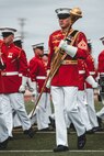 A U.S. Marine with "The Commandant's Own", The United States Marine Drum & Bugle Corps, Battle Colors Detachment, Marine Barracks Washington, D.C., performs during the Battle Colors ceremony at the Marine Corps Air Ground Combat Center, Twentynine Palms, Calif., March 11, 2019. The ceremony is held to honor Marine Corps traditions through the Drum Corps, the Silent Drill Platoon and the Battle Colors Detachment. (U.S. Marine Corps photo by Lance Cpl. Rachel K. Young-Porter)