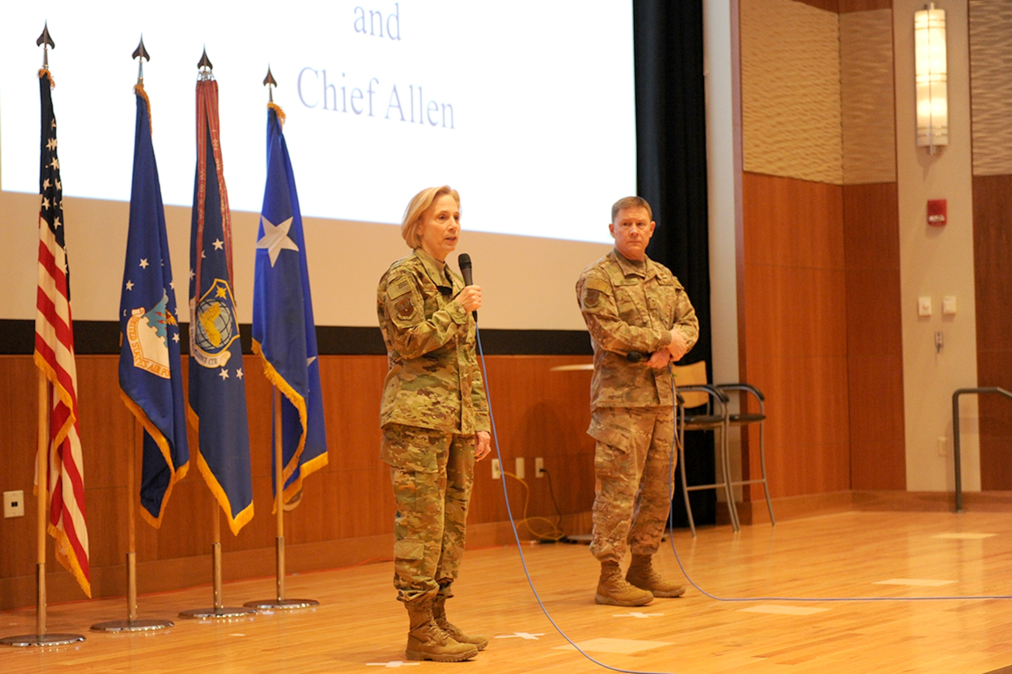 Lt. Gen. VeraLinn “Dash” Jamieson, Deputy Chief of Staff for Intelligence, Surveillance, and Reconnaissance and Cyber Effects, and Chief Master Sgt. Mark Allen, Headquarters Air Force A2 senior enlisted advisor, take questions from Airmen at National Air and Space Intelligence Center during an all call on Feb. 27, 2019. Jamieson visited the Center and attended the NASIC annual awards ceremony during her visit. (U.S. Air Force photo by Senior Airman Samuel Earick)