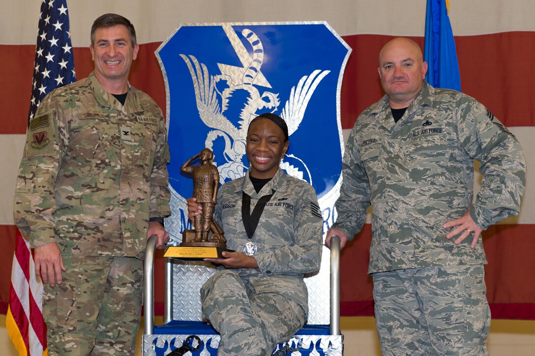 Tech. Sgt. Mechelle Hudson, 23d Maintenance Group, wins Senior NCO Plans and Scheduling Professional of the Year, March 8, 2019, at Moody Air Force Base, Ga. Maintenance Professional of the Year (MPOY) is a long-running tradition in the maintenance career field. MPOY is a ceremony that highlights that year's top performing Airmen. (U.S. Air Force photo by Airman 1st Class Hayden Legg)