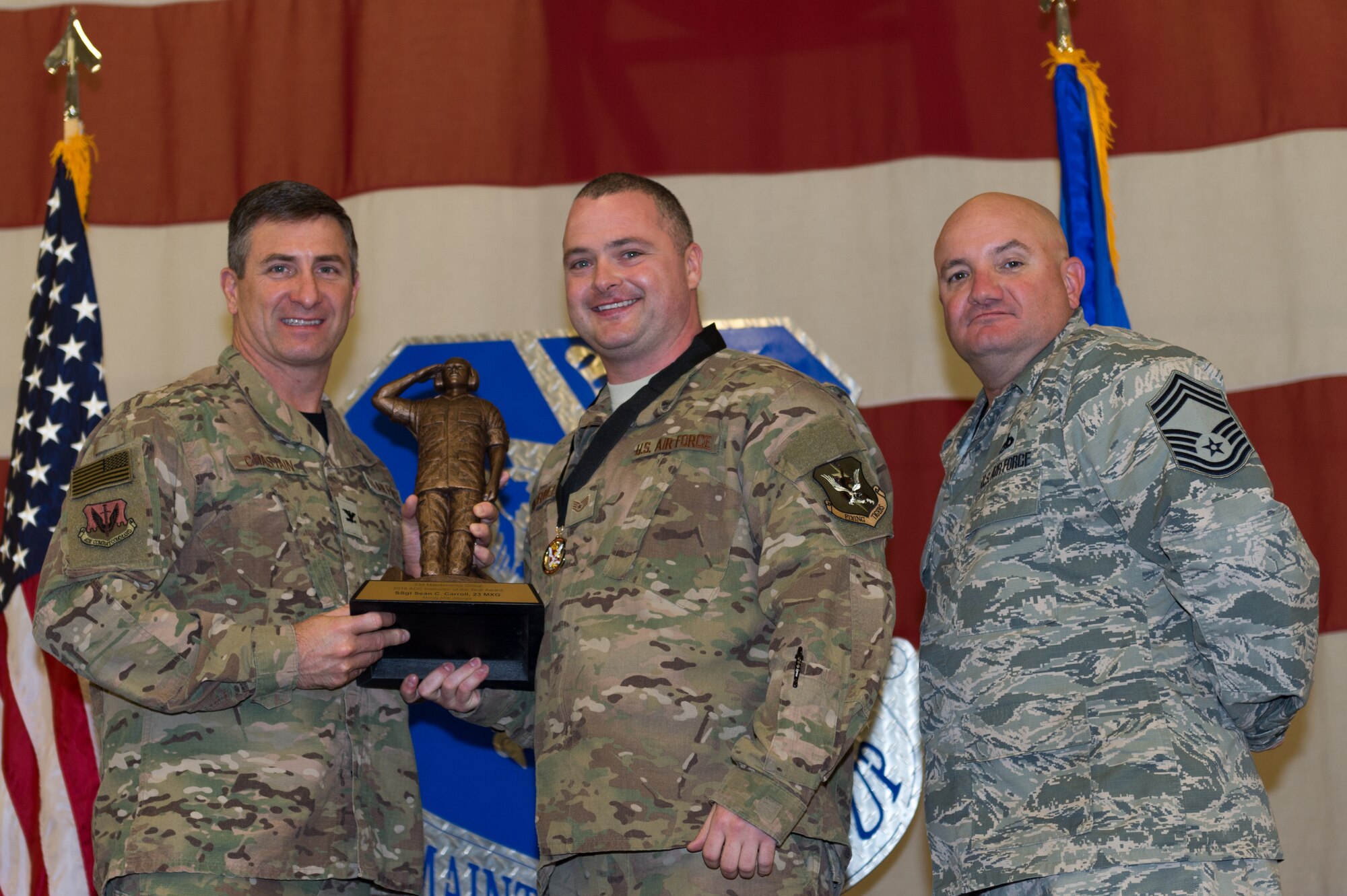Staff Sgt. Sean Carroll, 23d Maintenance Group, wins Instructor Professional of the Year, March 8, 2019, at Moody Air Force Base, Ga. Maintenance Professional of the Year (MPOY) is a long-running tradition in the maintenance career field. MPOY is a ceremony that highlights that year's top performing Airmen. (U.S. Air Force photo by Airman 1st Class Hayden Legg)