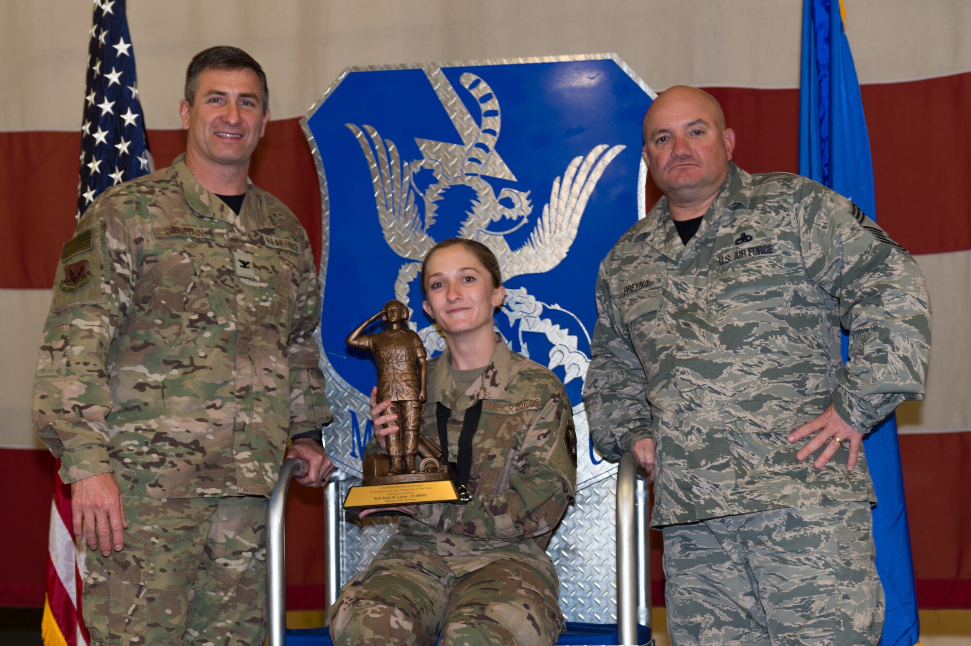 Senior Airman Ariel Lantz, 23d Aircraft Maintenance Squadron, wins Airman Ammo and Weapons Professional of the Year, March 8, 2019, at Moody Air Force Base, Ga. Maintenance Professional of the Year (MPOY) is a long-running tradition in the maintenance career field. MPOY is a ceremony that highlights that year's top performing Airmen. (U.S. Air Force photo by Airman 1st Class Hayden Legg)