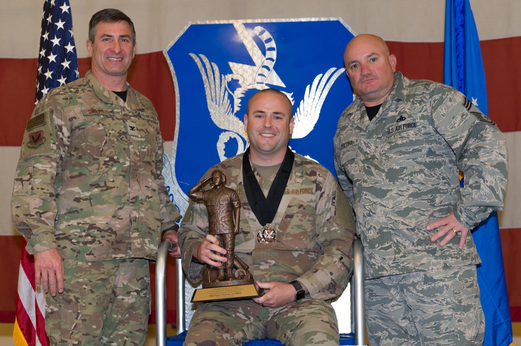 Staff Sgt. Kyle Palmer, 23d Aircraft Maintenance Squadron, wins NCO Ammo and Weapons Professional of the Year, March 8, 2019, at Moody Air Force Base, Ga. Maintenance Professional of the Year (MPOY) is a long-running tradition in the maintenance career field. MPOY is a ceremony that highlights that year's top performing Airmen. (U.S. Air Force photo by Airman 1st Class Hayden Legg)
