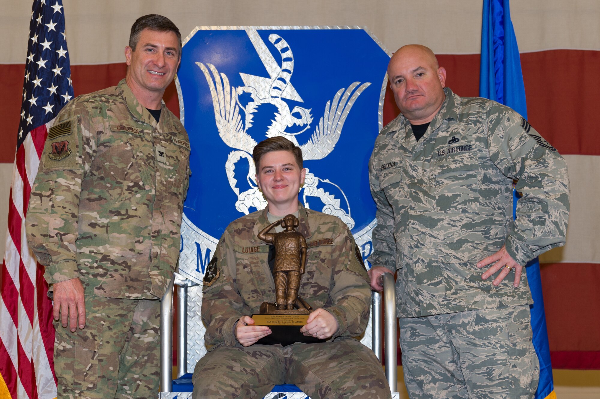 Senior Airman Gina Louise, 23d Aircraft Maintenance Squadron, wins Airman Specialist Professional of the Year, March 8, 2019, at Moody Air Force Base, Ga. Maintenance Professional of the Year (MPOY) is a long-running tradition in the maintenance career field. MPOY is a ceremony that highlights that year's top performing Airmen. (U.S. Air Force photo by Airman 1st Class Hayden Legg)