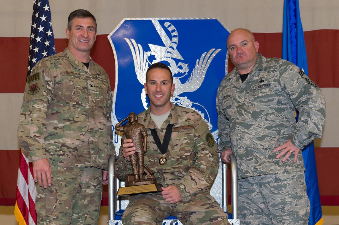 Staff Sgt. Jonathan Shields, 723d Aircraft Maintenance Squadron, wins NCO Specialist Professional of the Year, March 8, 2019, at Moody Air Force Base, Ga. Maintenance Professional of the Year (MPOY) is a long-running tradition in the maintenance career field. MPOY is a ceremony that highlights that year's top performing Airmen. (U.S. Air Force photo by Airman 1st Class Hayden Legg)