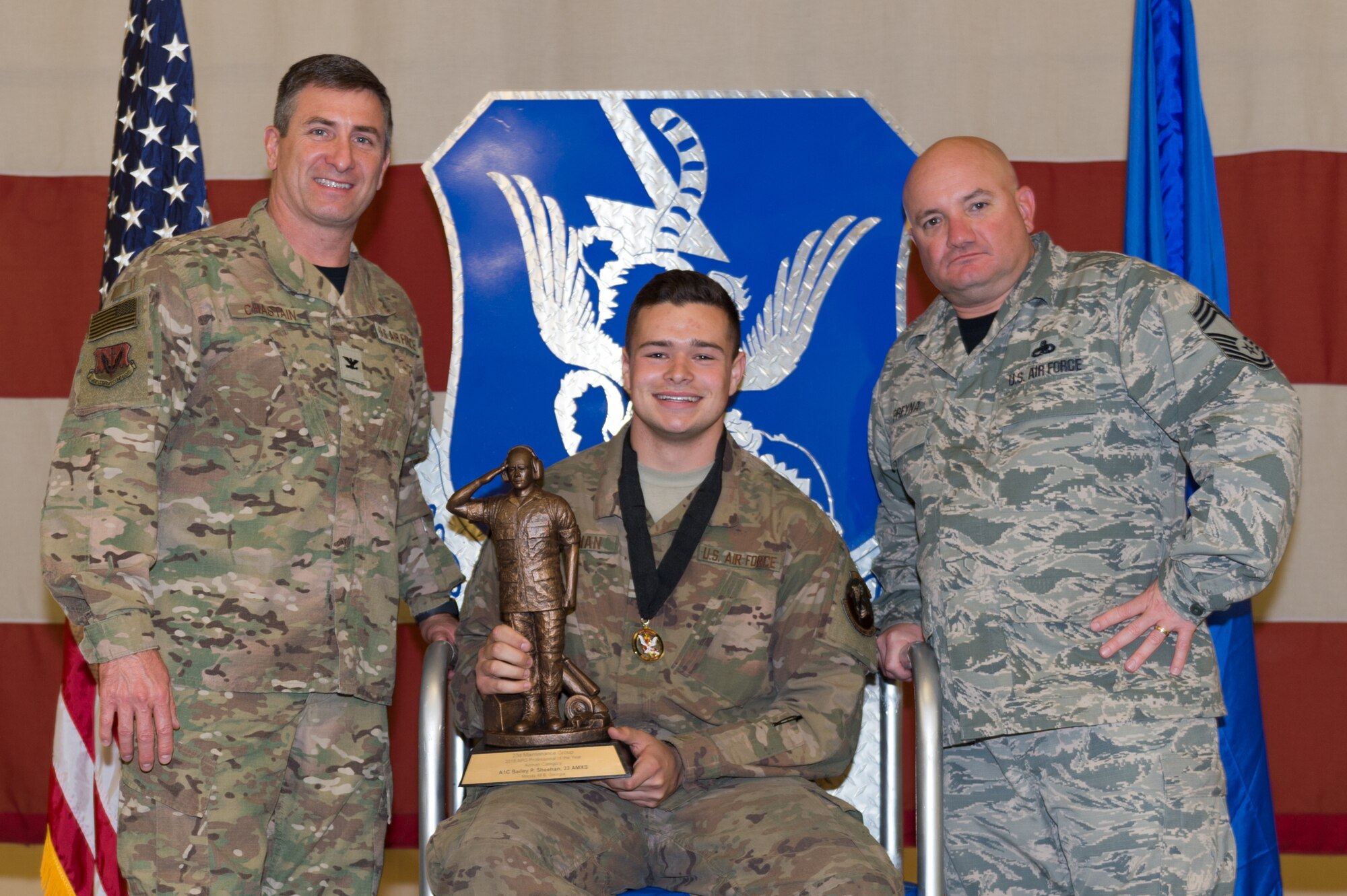 Senior Airman Bailey Sheehan, 23d Aircraft Maintenance Squadron, wins Airman Airplane General Professional of the Year, March 8, 2019, at Moody Air Force Base, Ga. Maintenance Professional of the Year (MPOY) is a long-running tradition in the maintenance career field. MPOY is a ceremony that highlights that year's top performing Airmen. (U.S. Air Force photo by Airman 1st Class Hayden Legg)