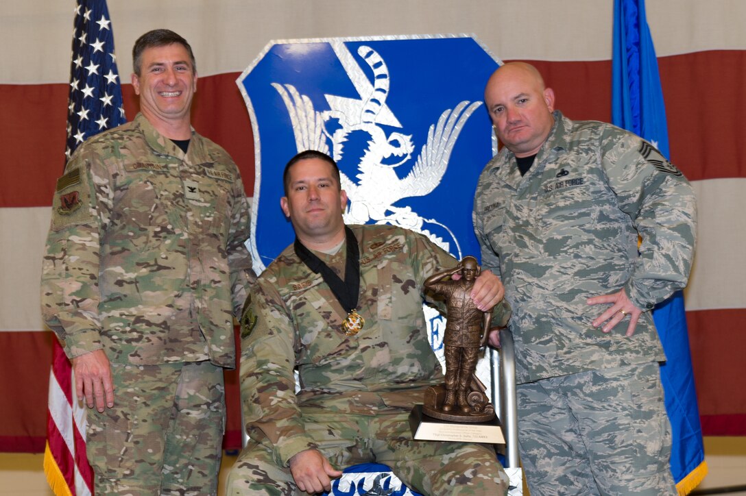 Tech Sgt. Christopher Safis, 723d Aircraft Maintenance Squadron, wins NCO Airplane General Professional of the Year, March 8, 2019, at Moody Air Force Base, Ga. Maintenance Professional of the Year (MPOY) is a long-running tradition in the maintenance career field. MPOY is a ceremony that highlights that year's top performing Airmen. (U.S. Air Force photo by Airman 1st Class Hayden Legg)