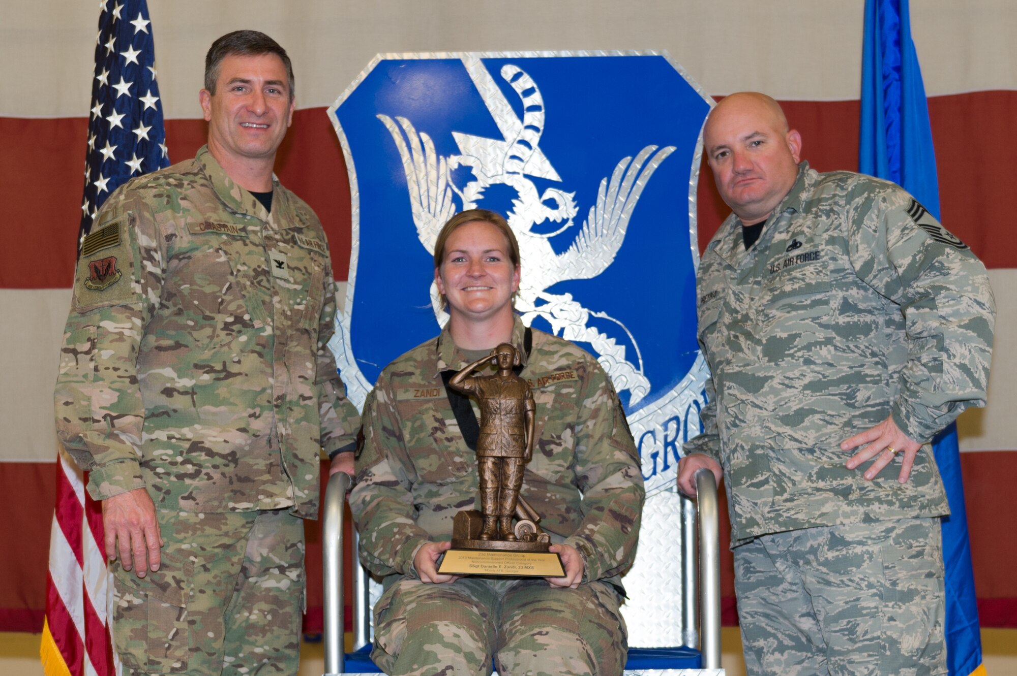 Staff Sgt. Danielle Zandi, 23d Maintenance Squadron, wins NCO Maintenance Support Professional of the Year, March 8, 2019, at Moody Air Force Base, Ga. Maintenance Professional of the Year (MPOY) is a long-running tradition in the maintenance career field. MPOY is a ceremony that highlights that year's top performing Airmen. (U.S. Air Force photo by Airman 1st Class Hayden Legg)