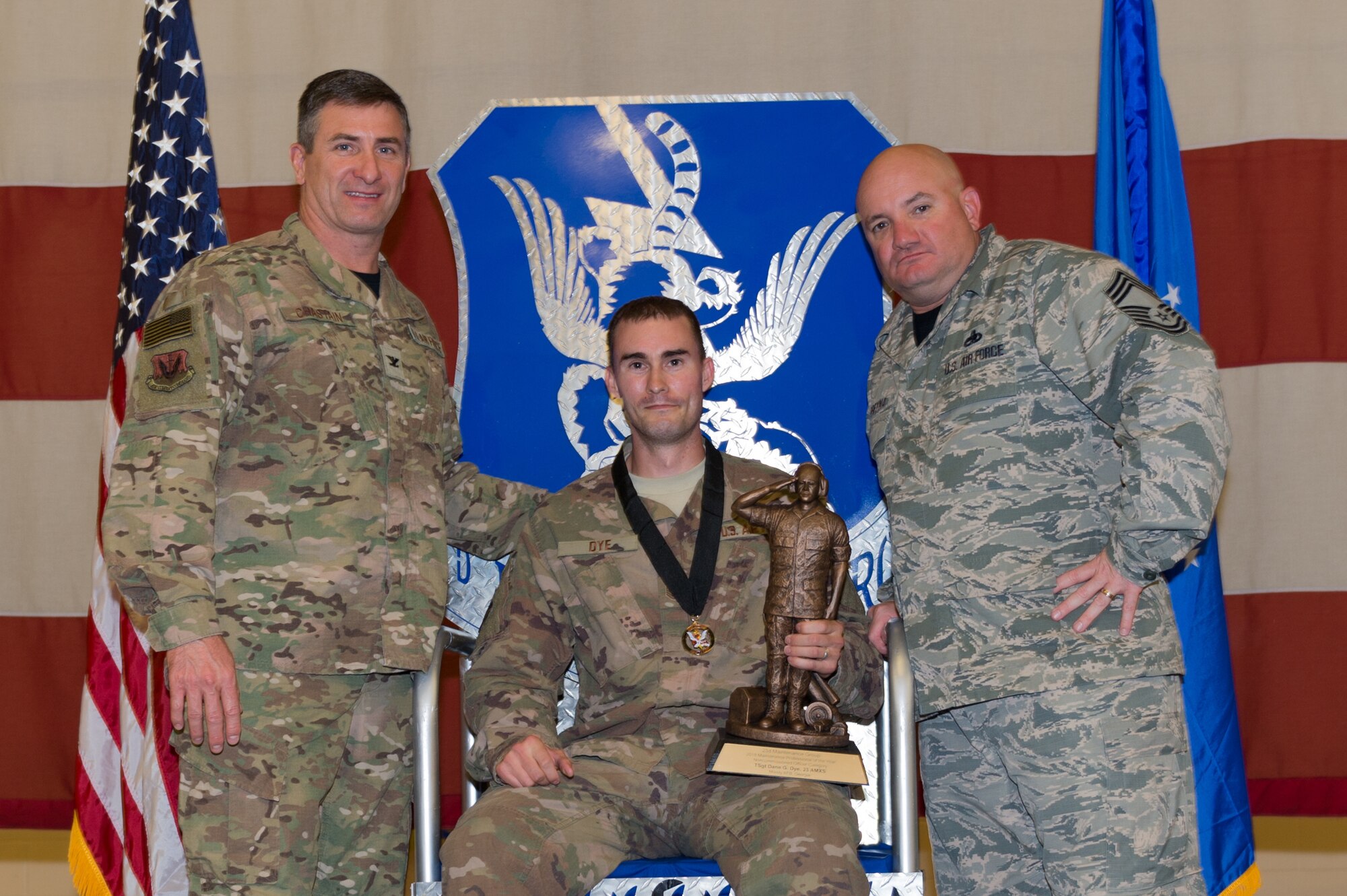 Tech. Sgt. Dane Dye, 23d Aircraft Maintenance Squadron, wins NCO Maintenance Professional of the Year, March 8, 2019, at Moody Air Force Base, Ga. Maintenance Professional of the Year (MPOY) is a long-running tradition in the maintenance career field. MPOY is a ceremony that highlights that year's top performing Airmen. (U.S. Air Force photo by Airman 1st Class Hayden Legg)