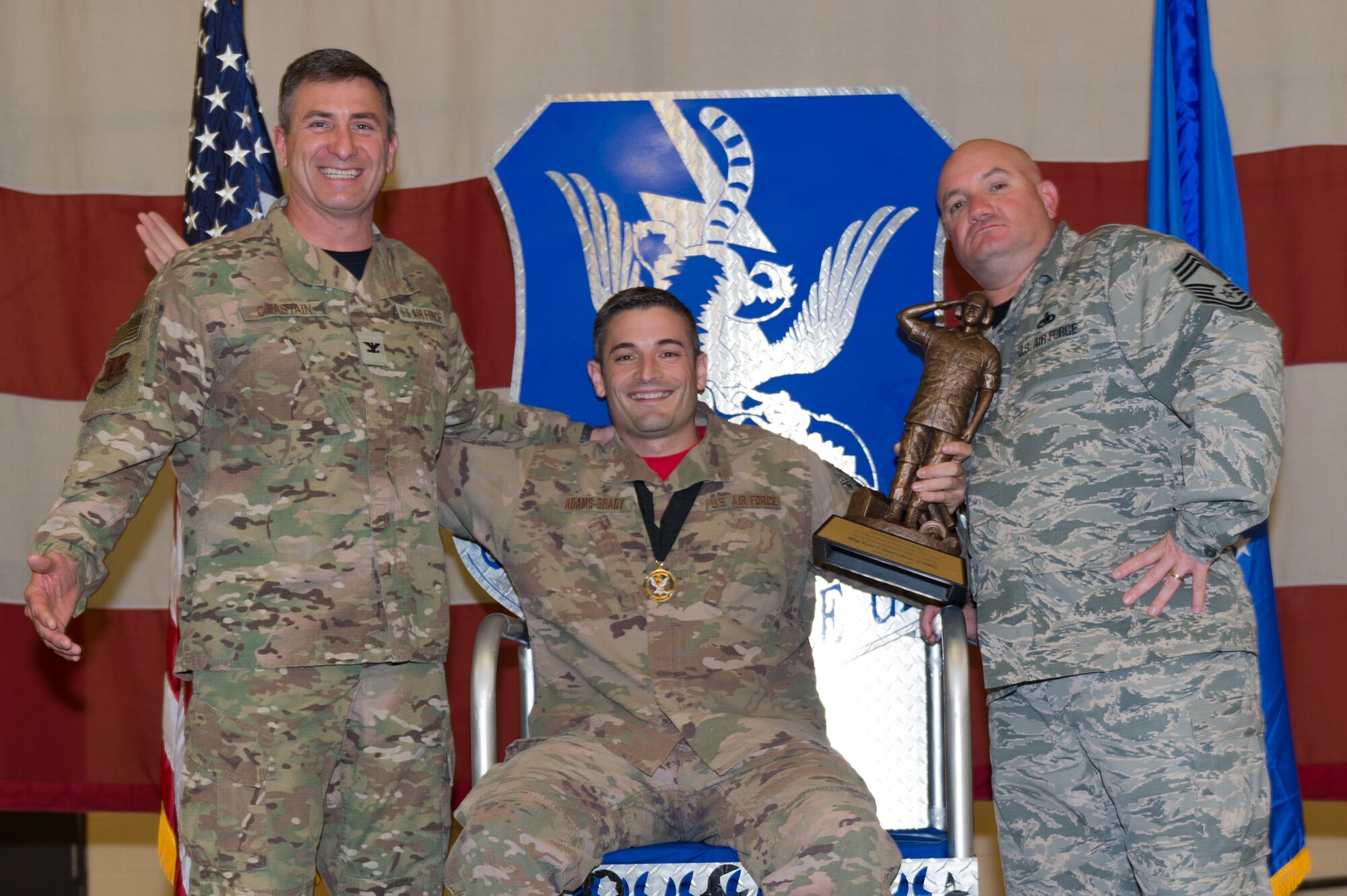 Master Sgt. Ryan Adams-Brady, 23d Aircraft Maintenance Squadron, wins Senior NCO Maintenance Professional of the Year, March 8, 2019, at Moody Air Force Base, Ga. Maintenance Professional of the Year (MPOY) is a long-running tradition in the maintenance career field. MPOY is a ceremony that highlights that year's top performing Airmen. (U.S. Air Force photo by Airman 1st Class Hayden Legg)