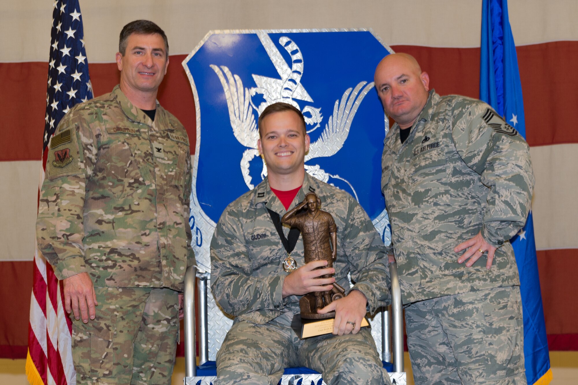 Capt. Brett Gudim, 23d Aircraft Maintenance Squadron, wins Company Grade Officer Maintenance Professional of the Year, March 8, 2019, at Moody Air Force Base, Ga. Maintenance Professional of the Year (MPOY) is a long-running tradition in the maintenance career field. MPOY is a ceremony that highlights that year's top performing Airmen. (U.S. Air Force photo by Airman 1st Class Hayden Legg)