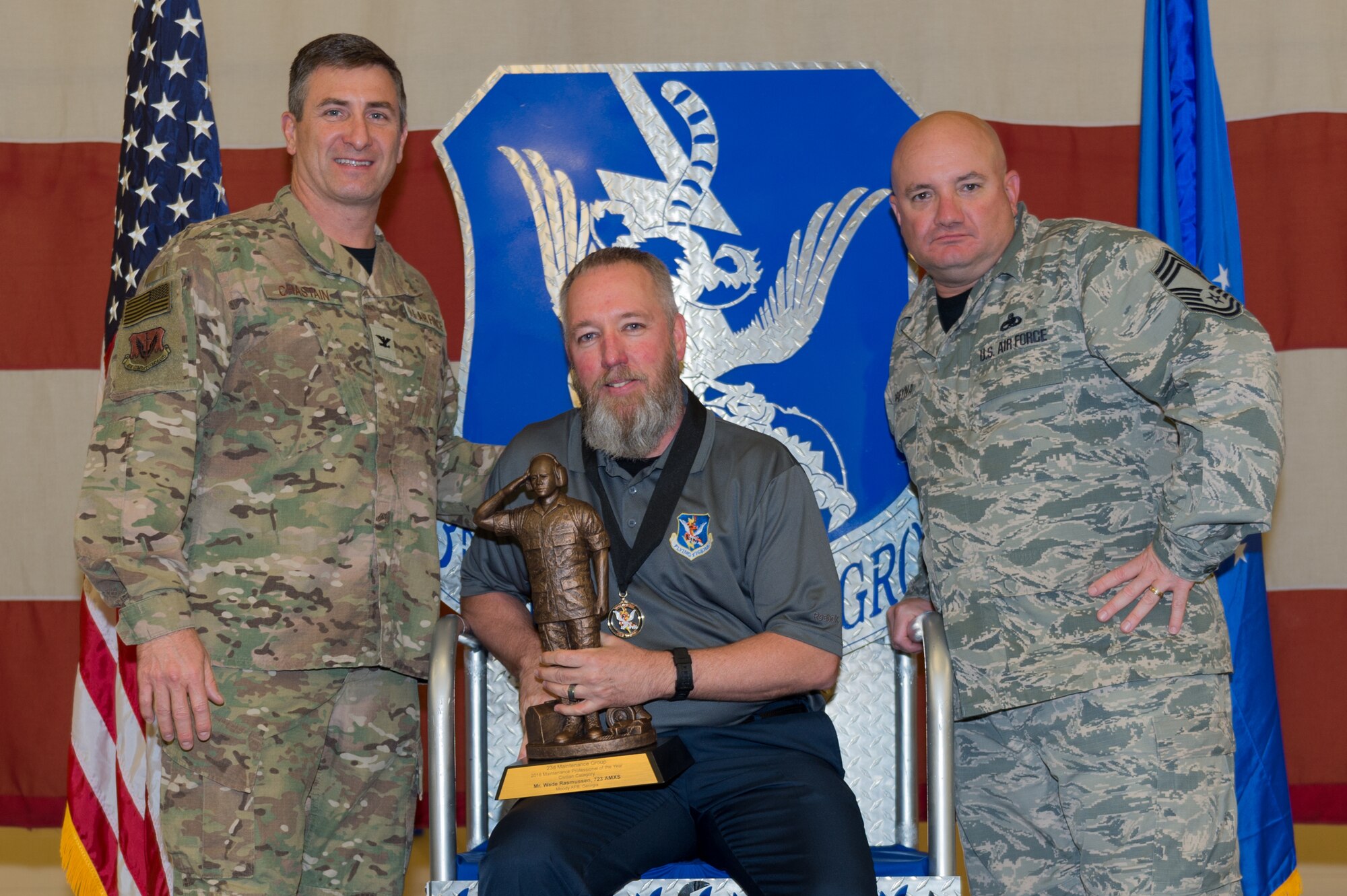 Wade Rasmussen, 723d Aircraft Maintenance Squadron, wins Civilian Maintenance Professional of the Year, March 8, 2019, at Moody Air Force Base, Ga. Maintenance Professional of the Year (MPOY) is a long-running tradition in the maintenance career field. MPOY is a ceremony that highlights that year's top performing Airmen. (U.S. Air Force photo by Airman 1st Class Hayden Legg)