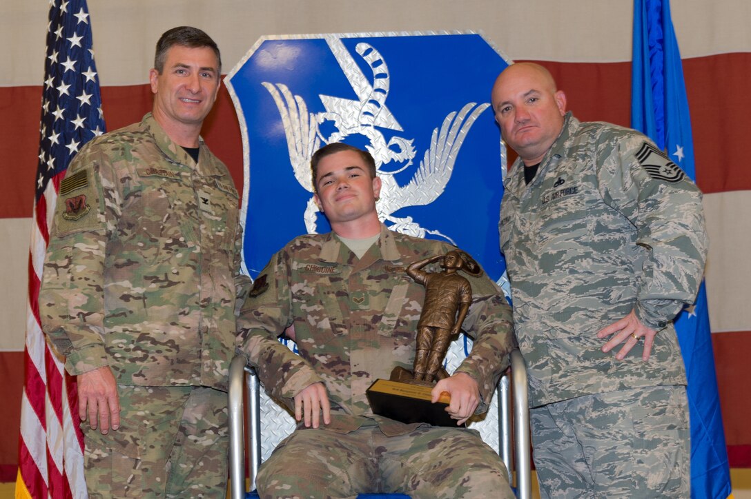 Senior Airman Benjamin Chicoine, 23d Aircraft Maintenance Squadron, wins the Lt. Gen. Leo Marquez Award, March 8, 2019, at Moody Air Force Base, Ga. Chicoine won this award for the Airman in Aircraft Maintenance category. Maintenance Professional of the Year (MPOY) is a long-running tradition in the maintenance career field. MPOY is a ceremony that highlights that year's top performing Airmen. (U.S. Air Force photo by Airman 1st Class Hayden Legg)