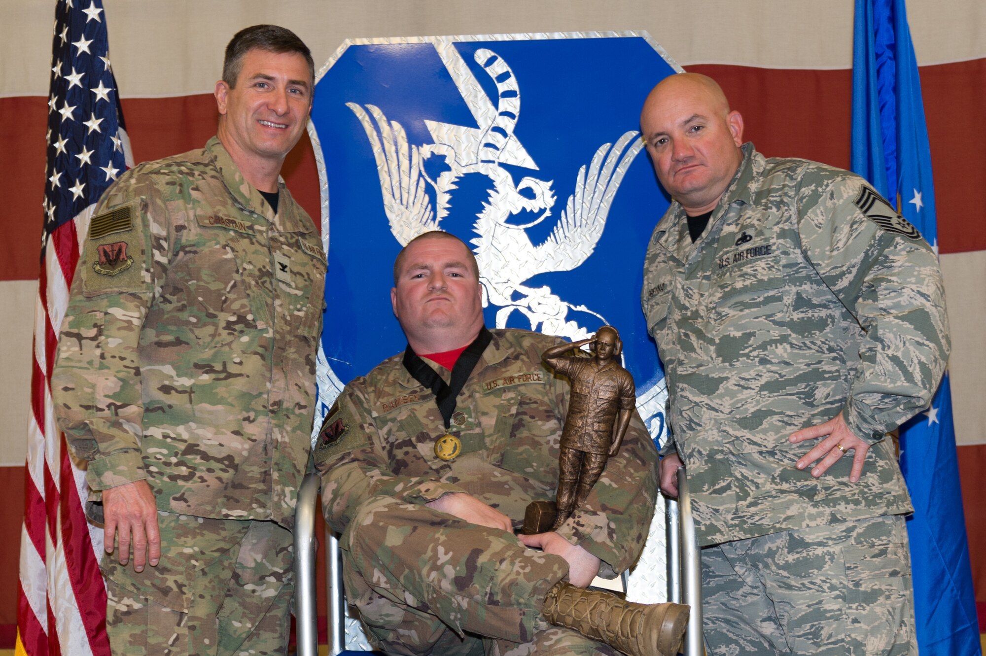 Master Sgt. Joseph Ramsey, 23d Aircraft Maintenance Squadron, wins the Lt. Gen. Leo Marquez Award, March 8, 2019, at Moody Air Force Base, Ga. Ramsey won this award for the Senior NCO in Aircraft Maintenance category. Maintenance Professional of the Year (MPOY) is a long-running tradition in the maintenance career field. MPOY is a ceremony that highlights that year's top performing Airmen. (U.S. Air Force photo by Airman 1st Class Hayden Legg)