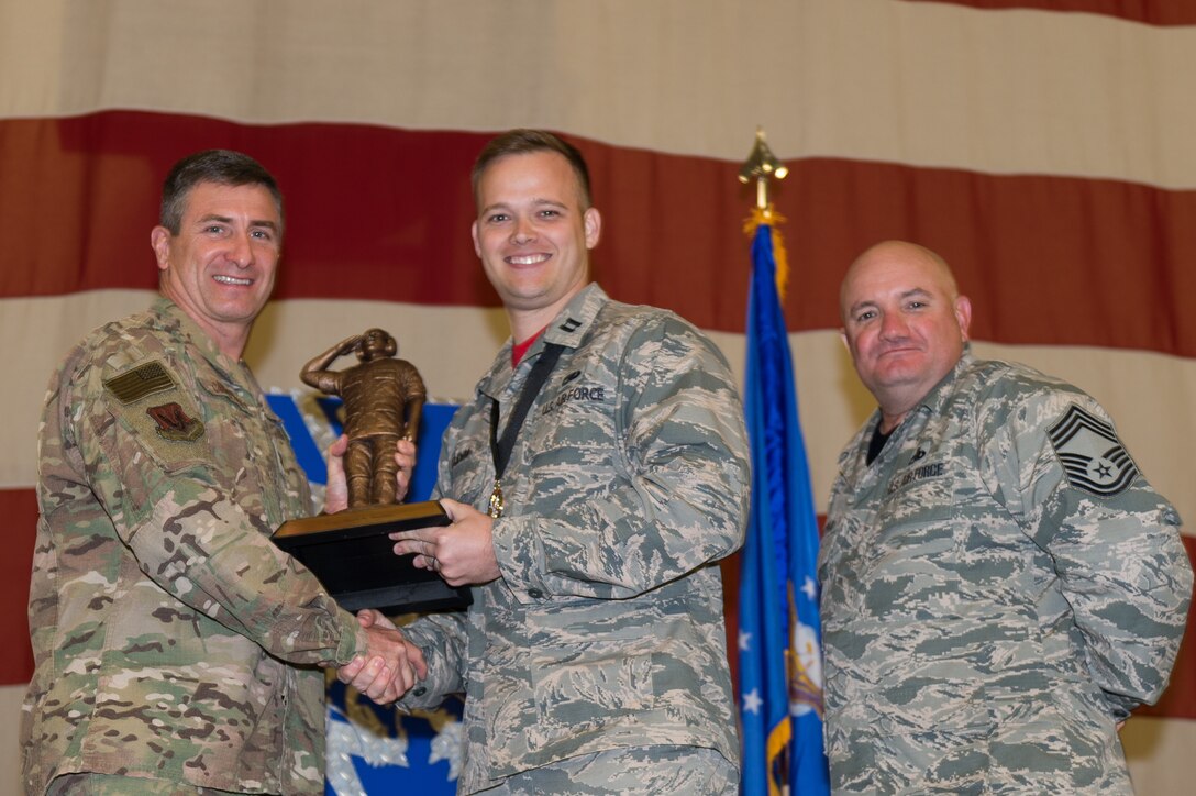 Capt. Brett Gudim, 23d Aircraft Maintenance Squadron, wins the Lt. Gen. Leo Marquez Award, March 8, 2019, at Moody Air Force Base, Ga. Gudim won this award for the Officer in Aircraft Maintenance category. Maintenance Professional of the Year (MPOY) is a long-running tradition in the maintenance career field. MPOY is a ceremony that highlights that year's top performing Airmen. (U.S. Air Force photo by Airman 1st Class Hayden Legg)