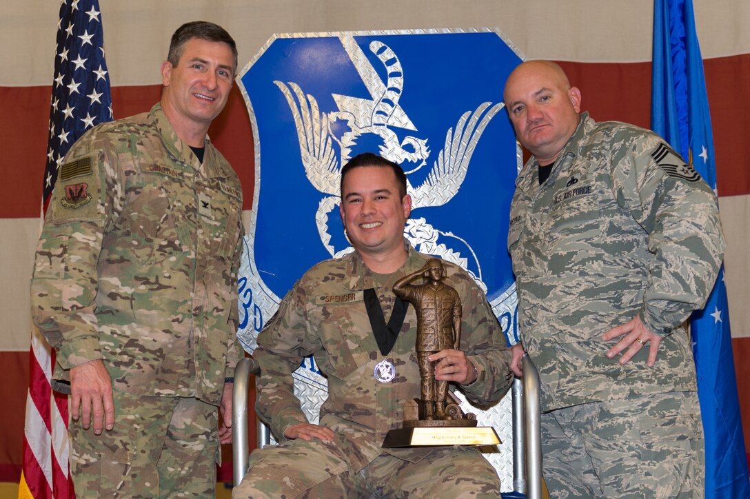Master Sgt. Anthony Spencer, 23d Aircraft Maintenance Squadron, wins the Lt. Gen. Leo Marquez Award, March 8, 2019, at Moody Air Force Base, Ga. Spencer won this award for the Senior NCO in Munitions and Missile category. Maintenance Professional of the Year (MPOY) is a long-running tradition in the maintenance career field. MPOY is a ceremony that highlights that year's top performing Airmen. (U.S. Air Force photo by Airman 1st Class Hayden Legg)