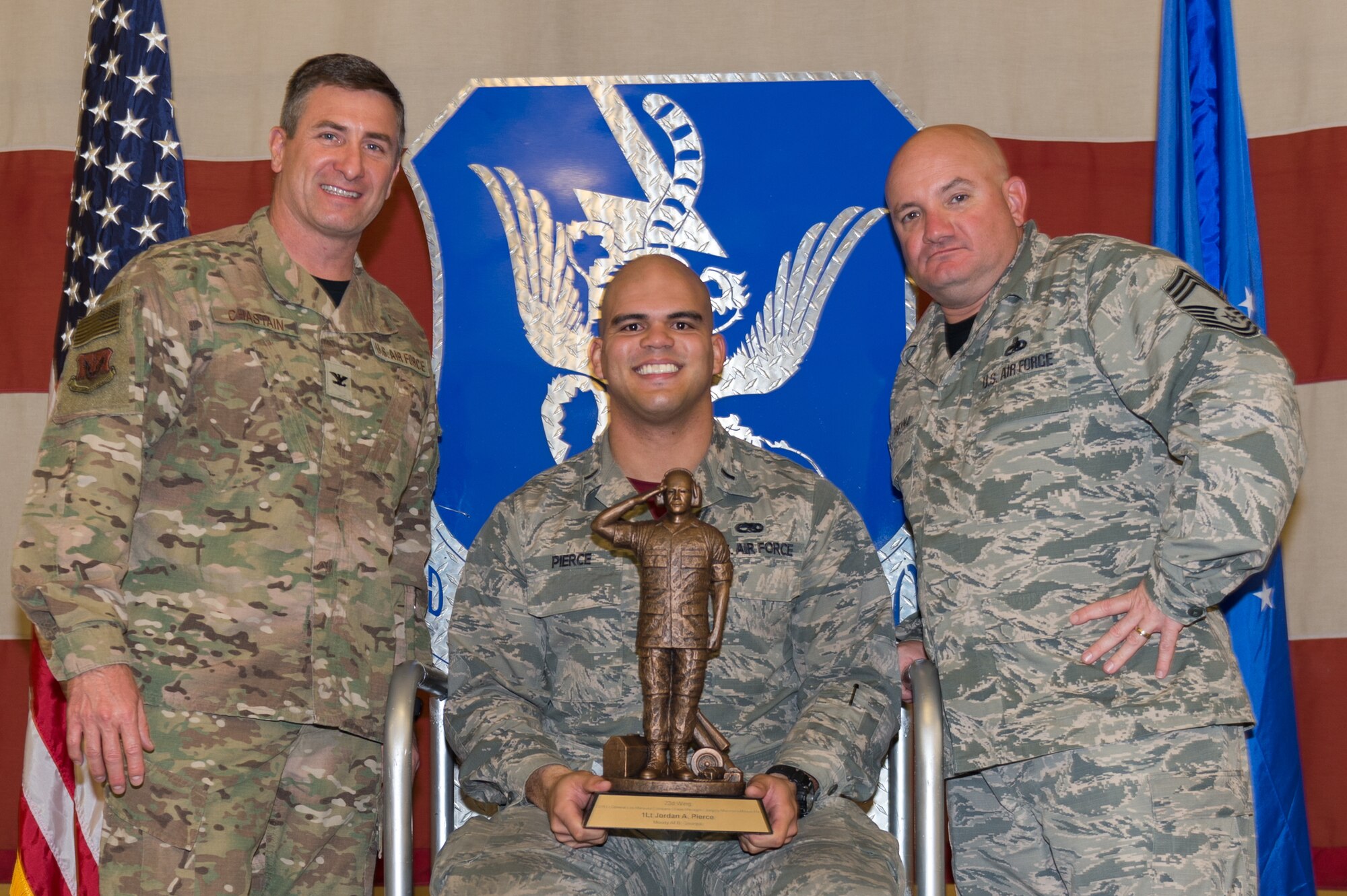 1st Lt. Jordan Pierce, 23d Maintenance Squadron, wins the Lt. Gen. Leo Marquez Award, March 8, 2019, at Moody Air Force Base, Ga. Pierce won this award for the Officer in Munitions and Missile category. Maintenance Professional of the Year (MPOY) is a long-running tradition in the maintenance career field. MPOY is a ceremony that highlights that year's top performing Airmen. (U.S. Air Force photo by Airman 1st Class Hayden Legg)